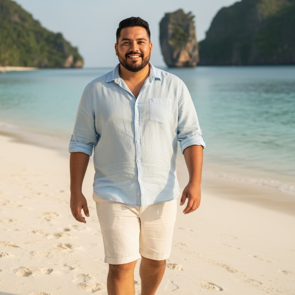 plus_size latino man walking white sand beach 45108724