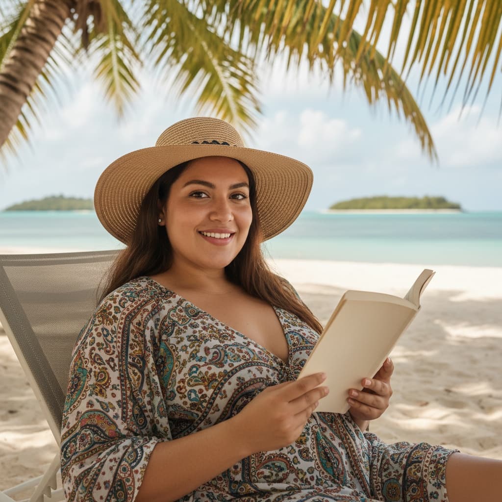 plus_size latino woman beach chair palm trees 67589855