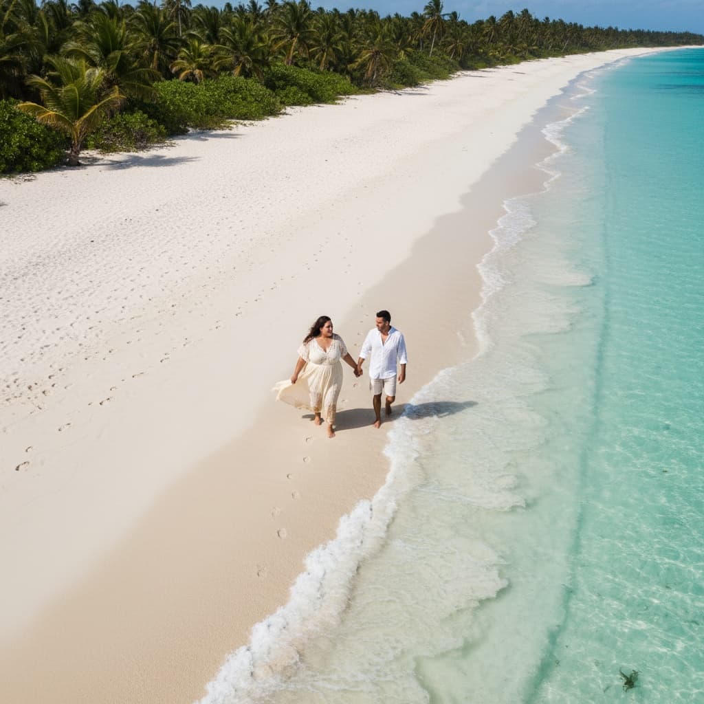 plus_size latino woman beach walking aerial 86395217