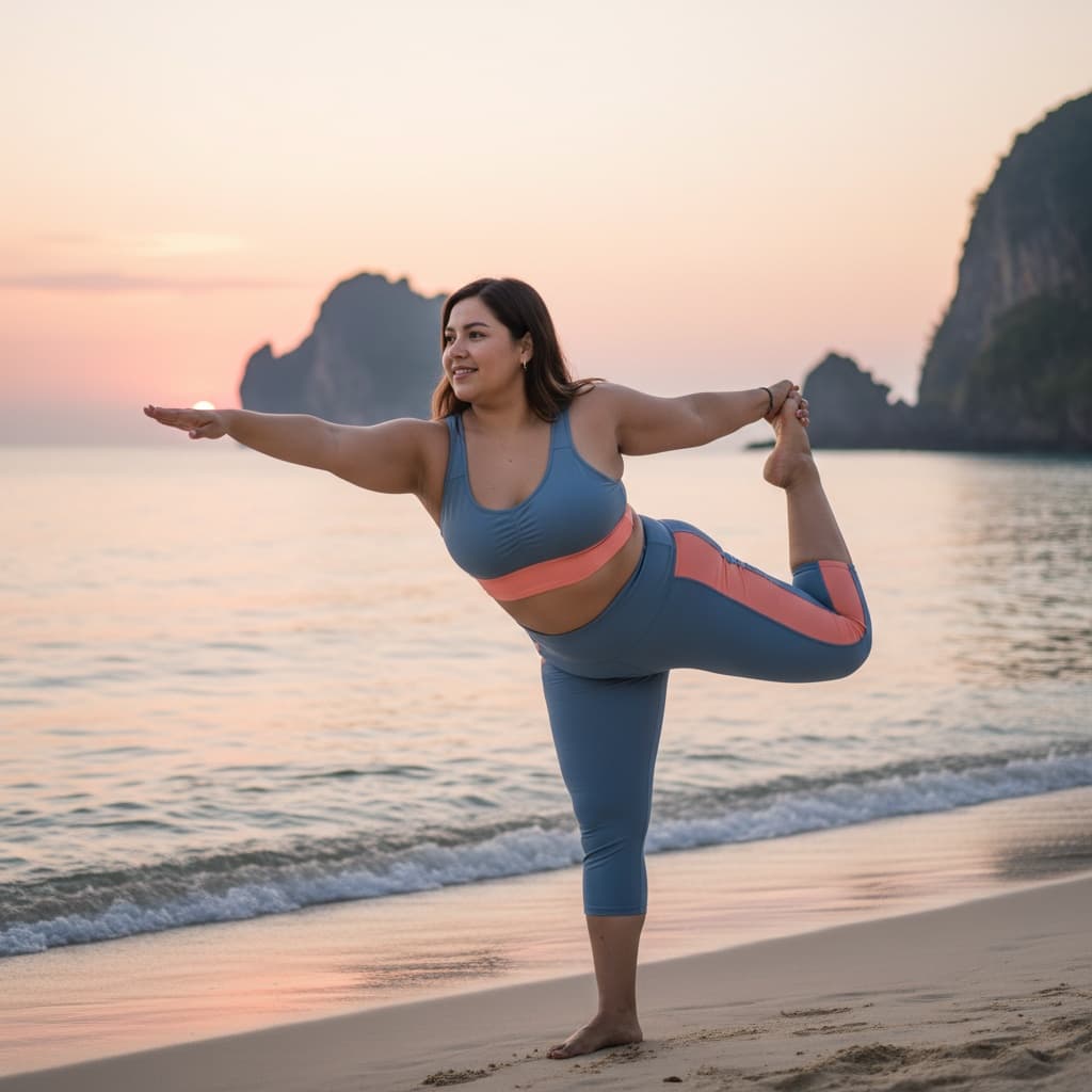 plus_size latino woman beach yoga sunrise 48116748