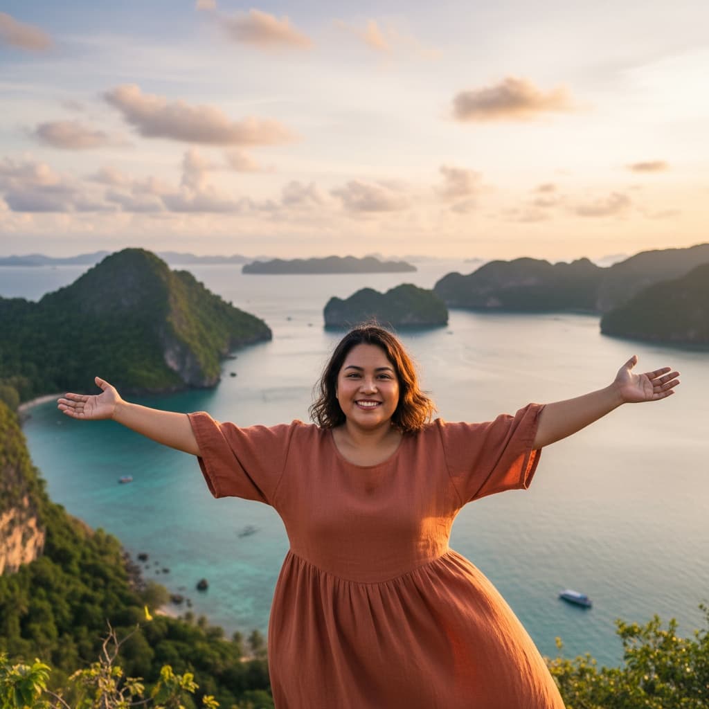 plus_size latino woman cliff viewpoint panorama 42550287