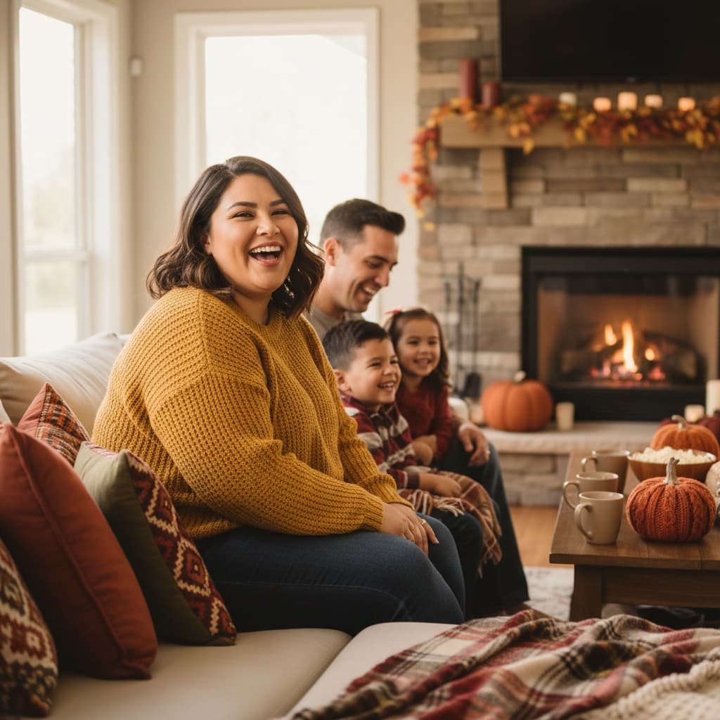 plus_size latino woman cozy living room gratitude 10737887