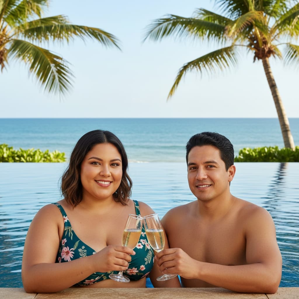 plus_size latino woman infinity pool champagne 70366324