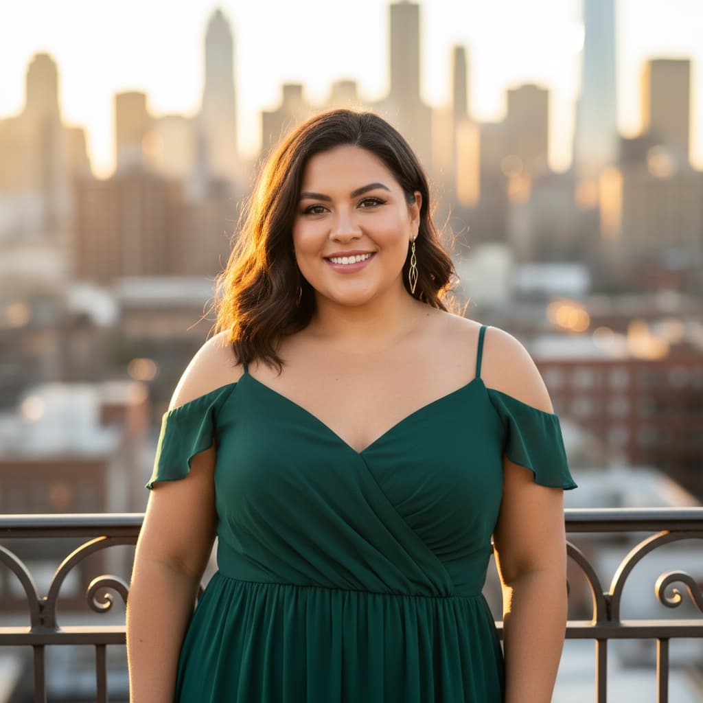 plus_size latino woman rooftop terrace urban chic 95235516