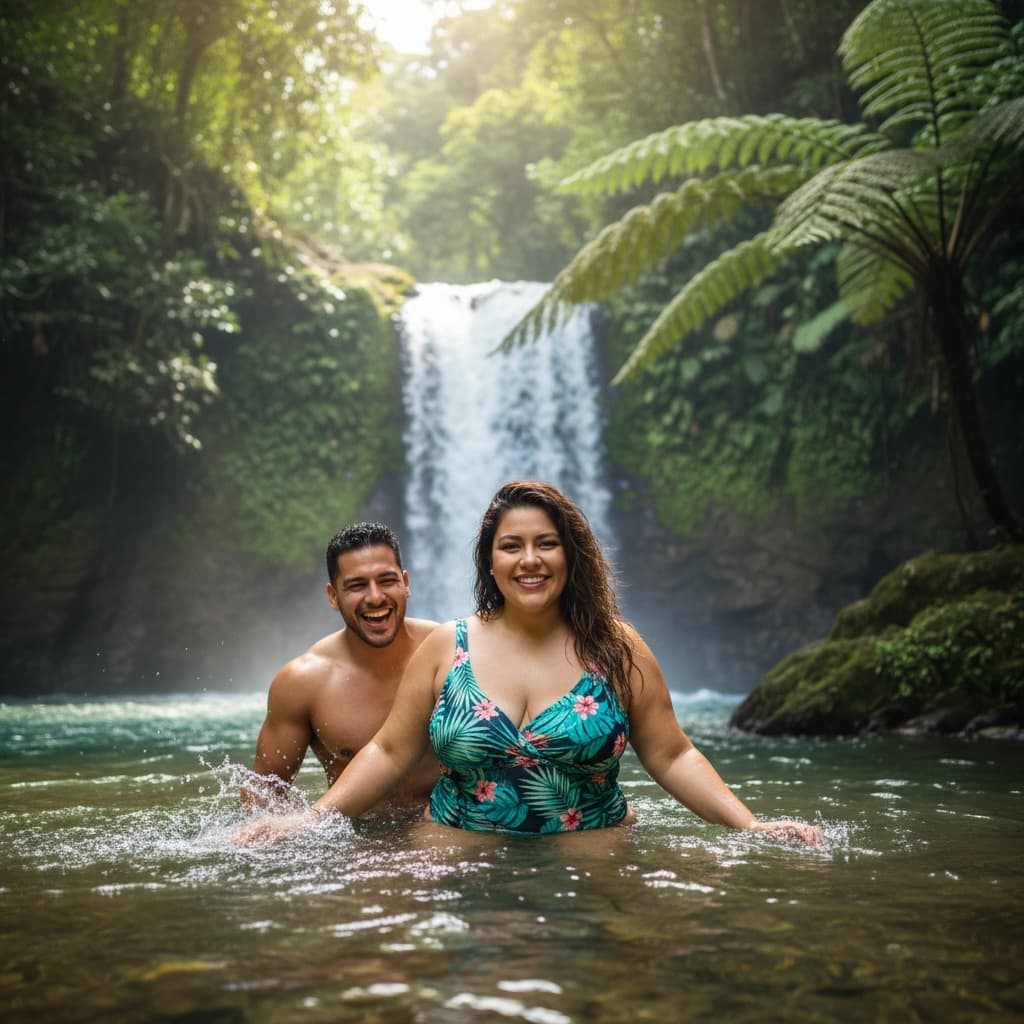 plus_size latino woman tropical waterfall scene 14250780