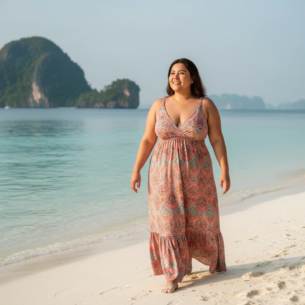 plus_size latino woman walking white sand beach 80266011