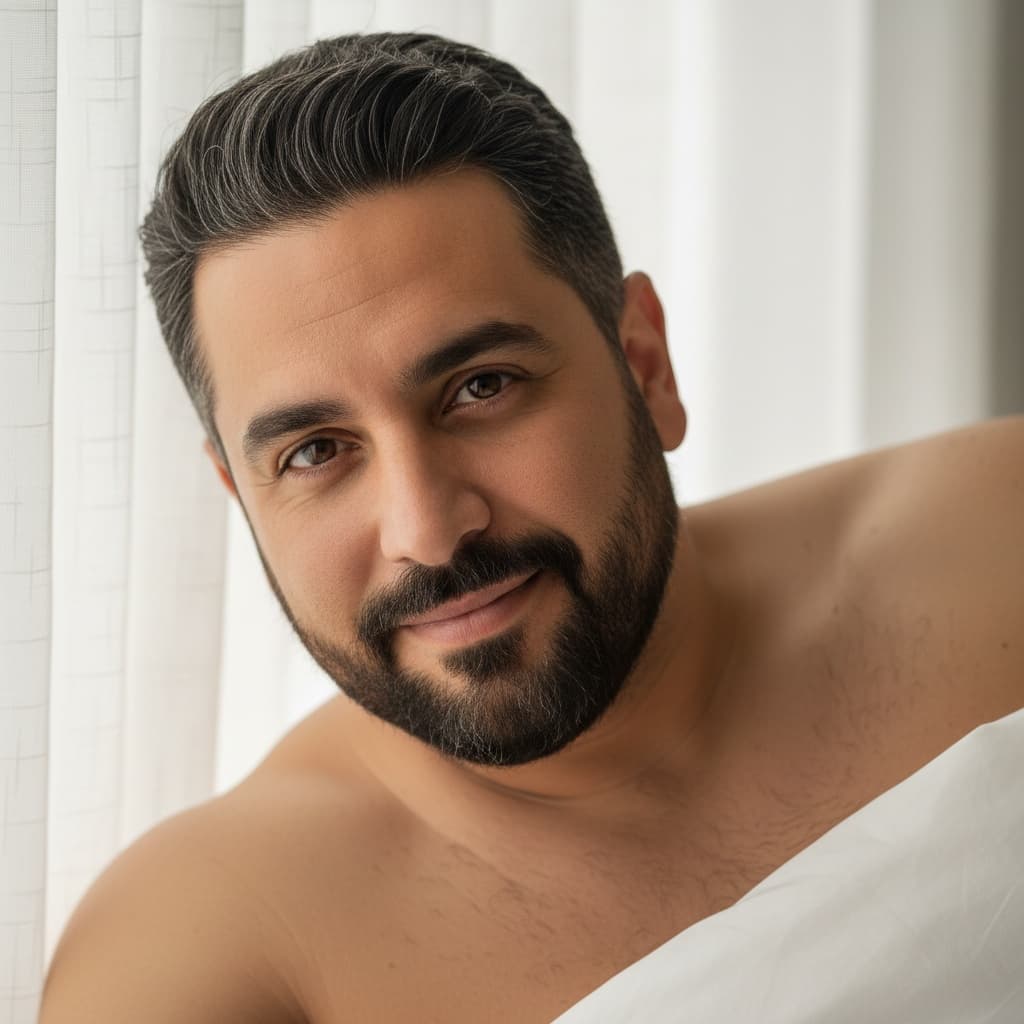 plus_size middle_eastern man bed closeup intimate 96971689