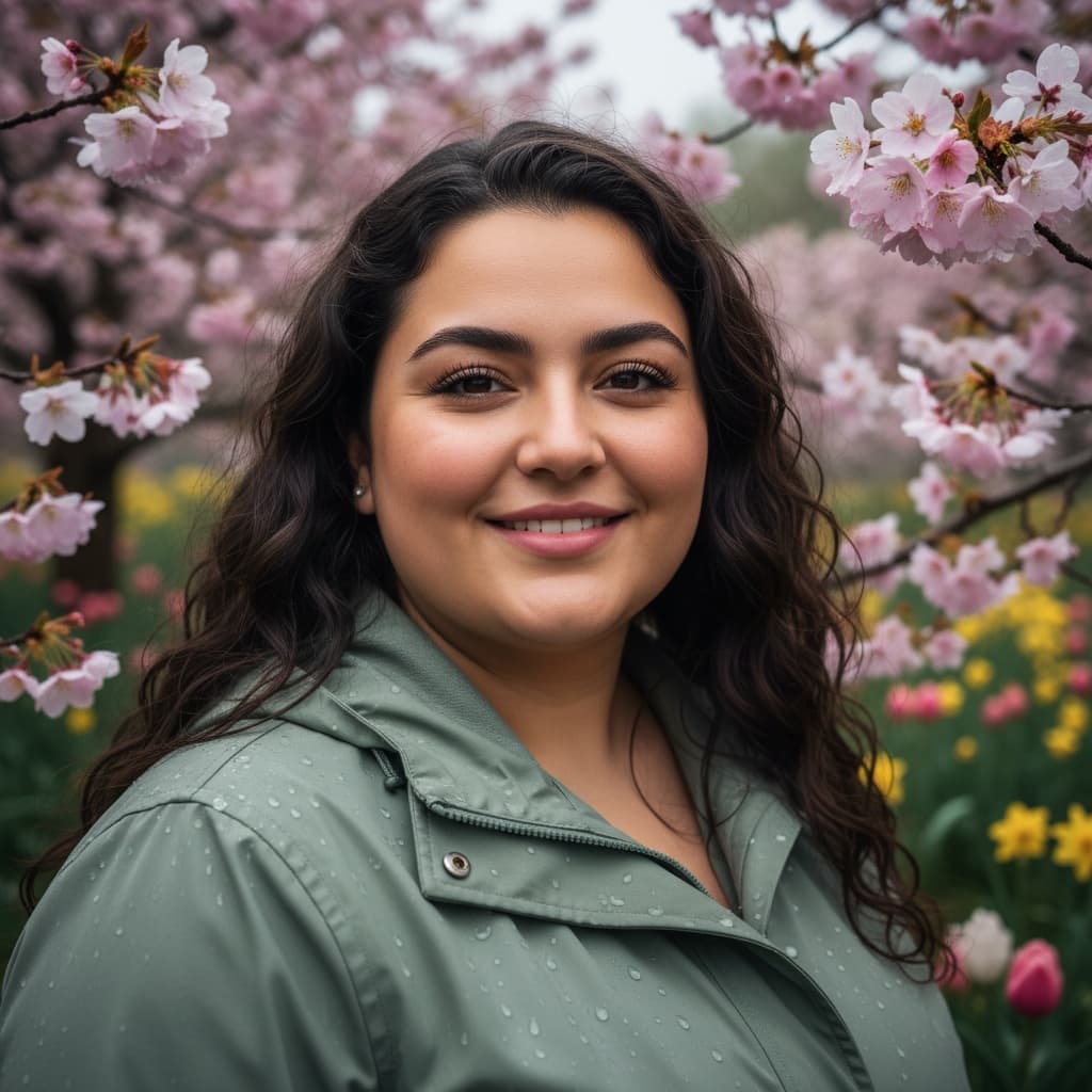 plus_size middle_eastern woman rain spring blossoms 86881968