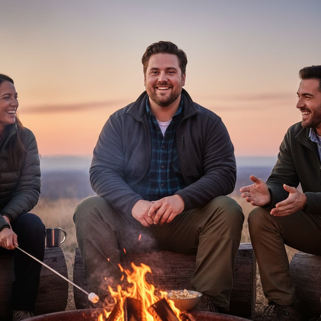 plus_size white man campfire evening gathering 52156174