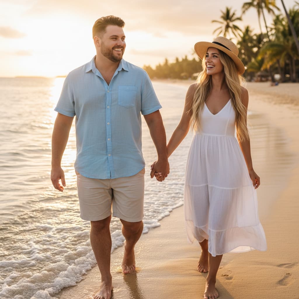 plus_size white man couple beach walk sunset 87256992