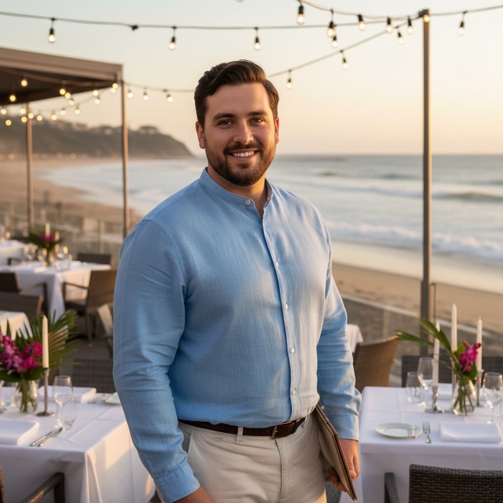 plus_size white man oceanfront dining sunset 59465720