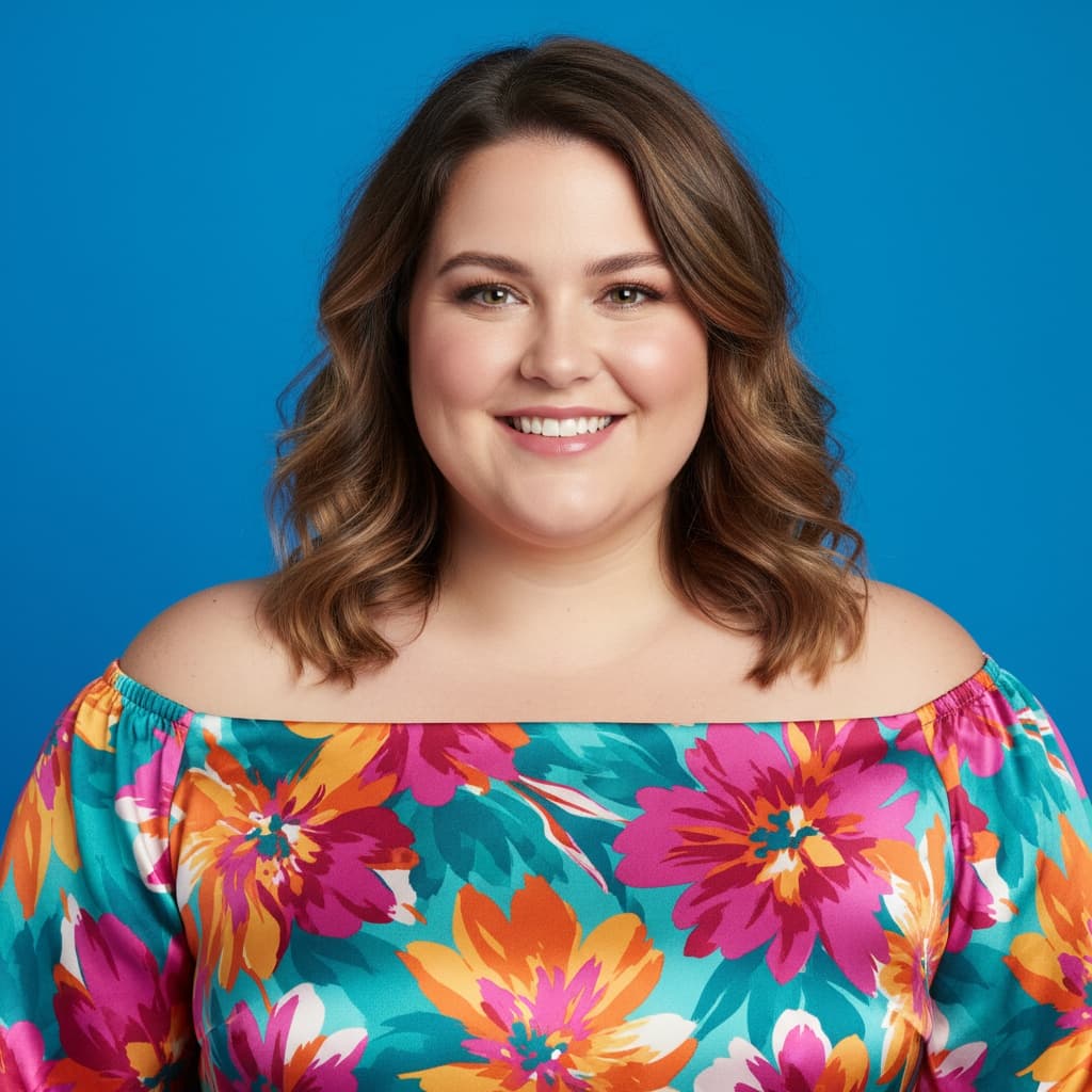 plus_size white woman colorful backdrop close up 60399985
