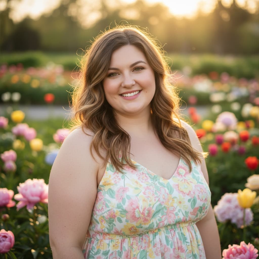 plus_size white woman outdoor garden portrait 92668654