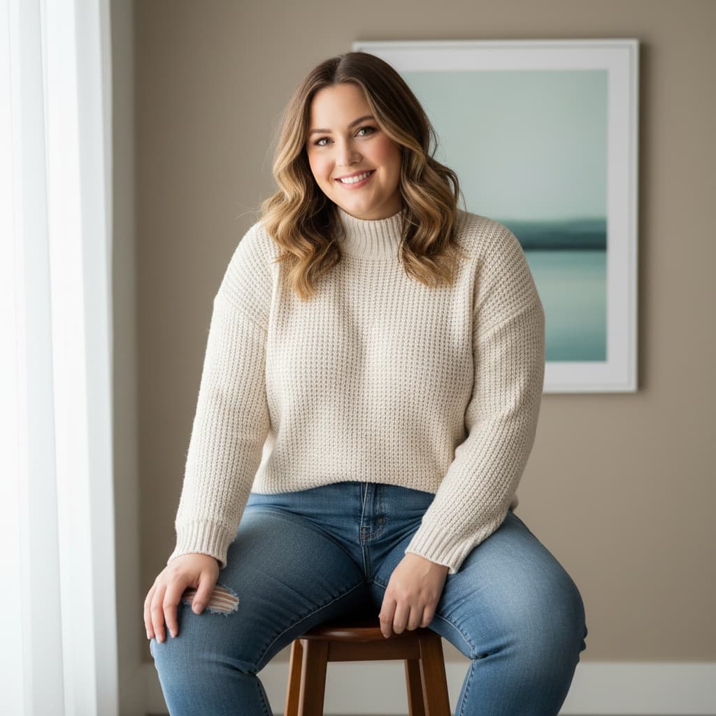 plus_size white woman sitting casual relaxed 68043251