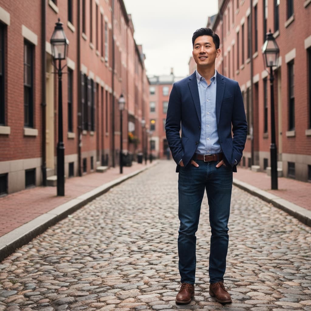 slim asian man acorn street cobblestone 33642099