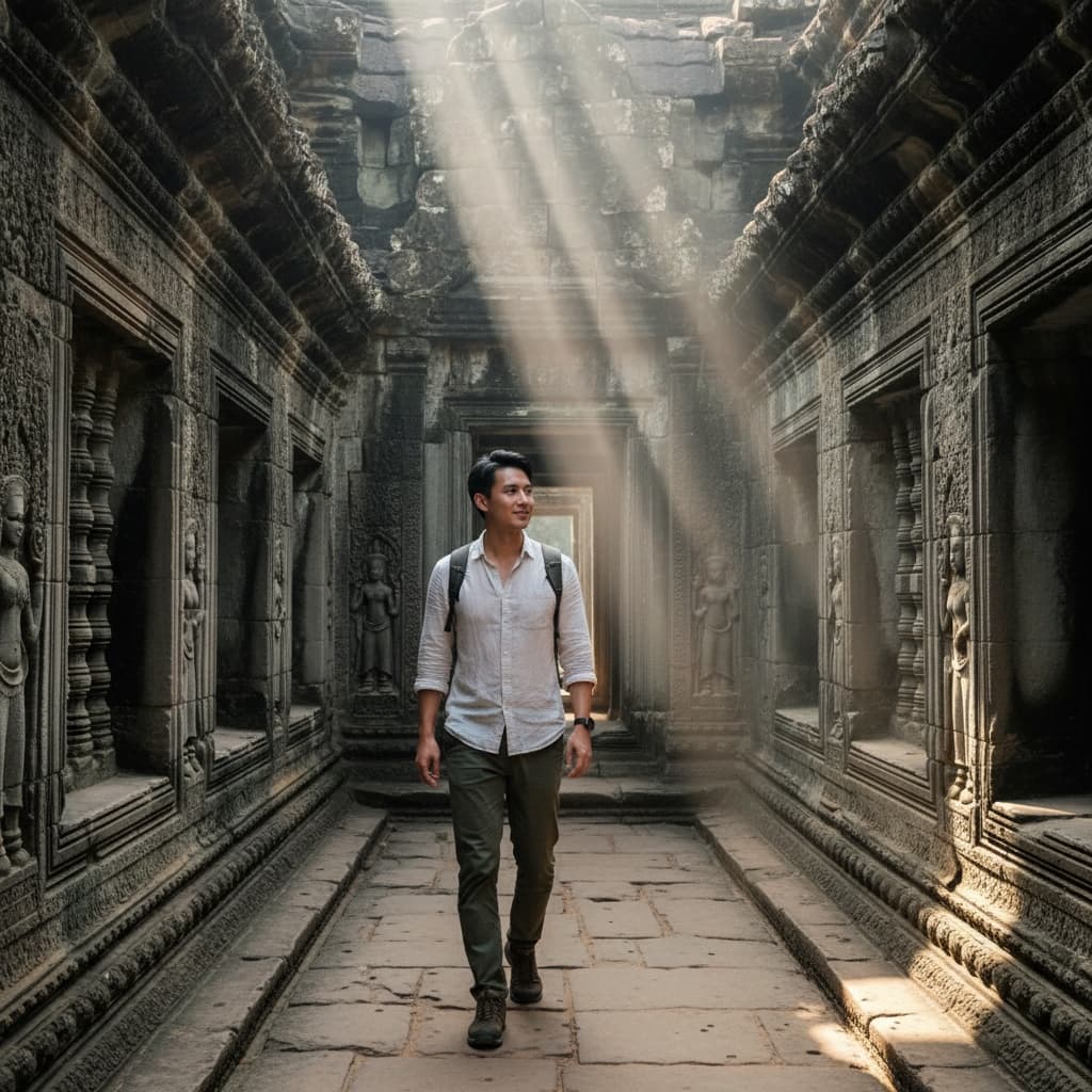 slim asian man angkor wat temple corridor 78365391