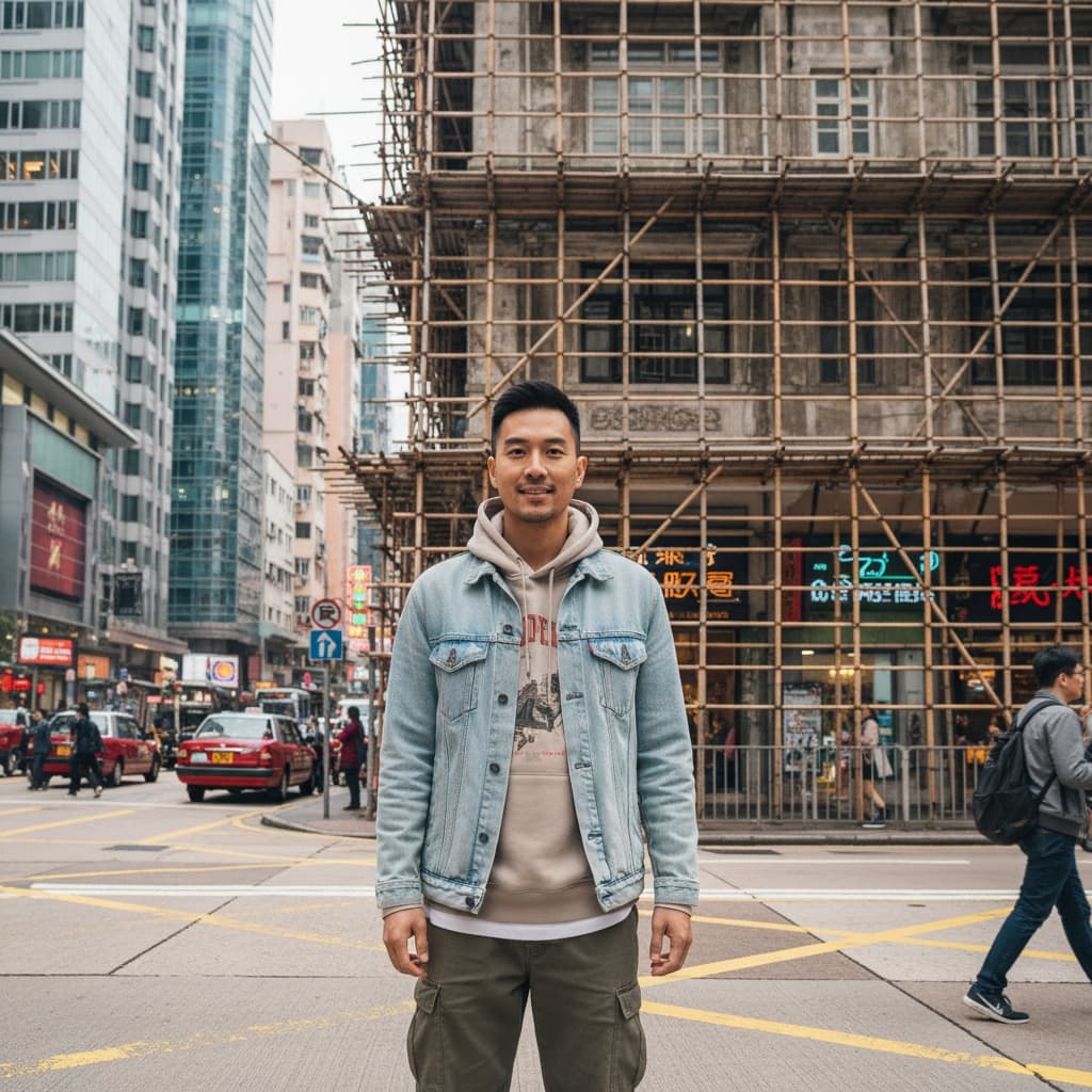 slim asian man bamboo scaffolding urban 22924563