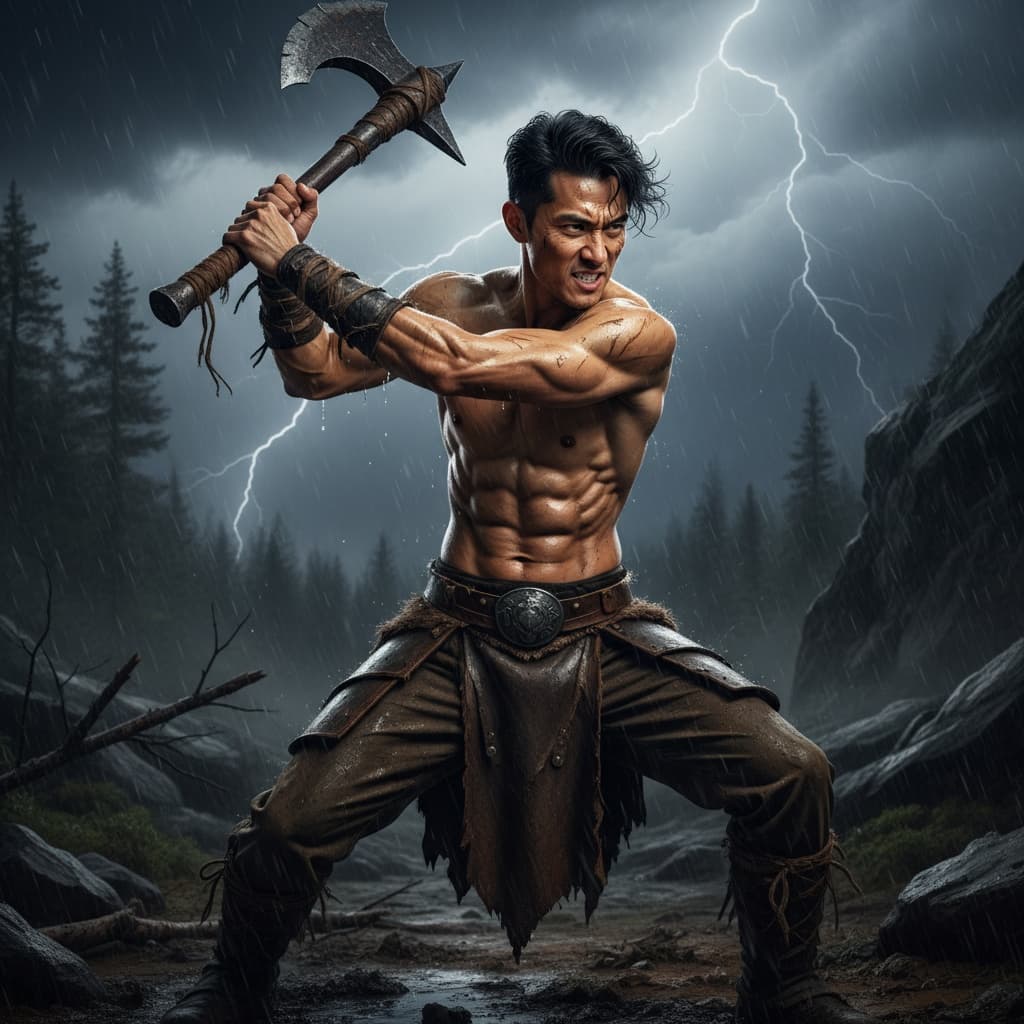 slim asian man barbarian warrior action 29153218