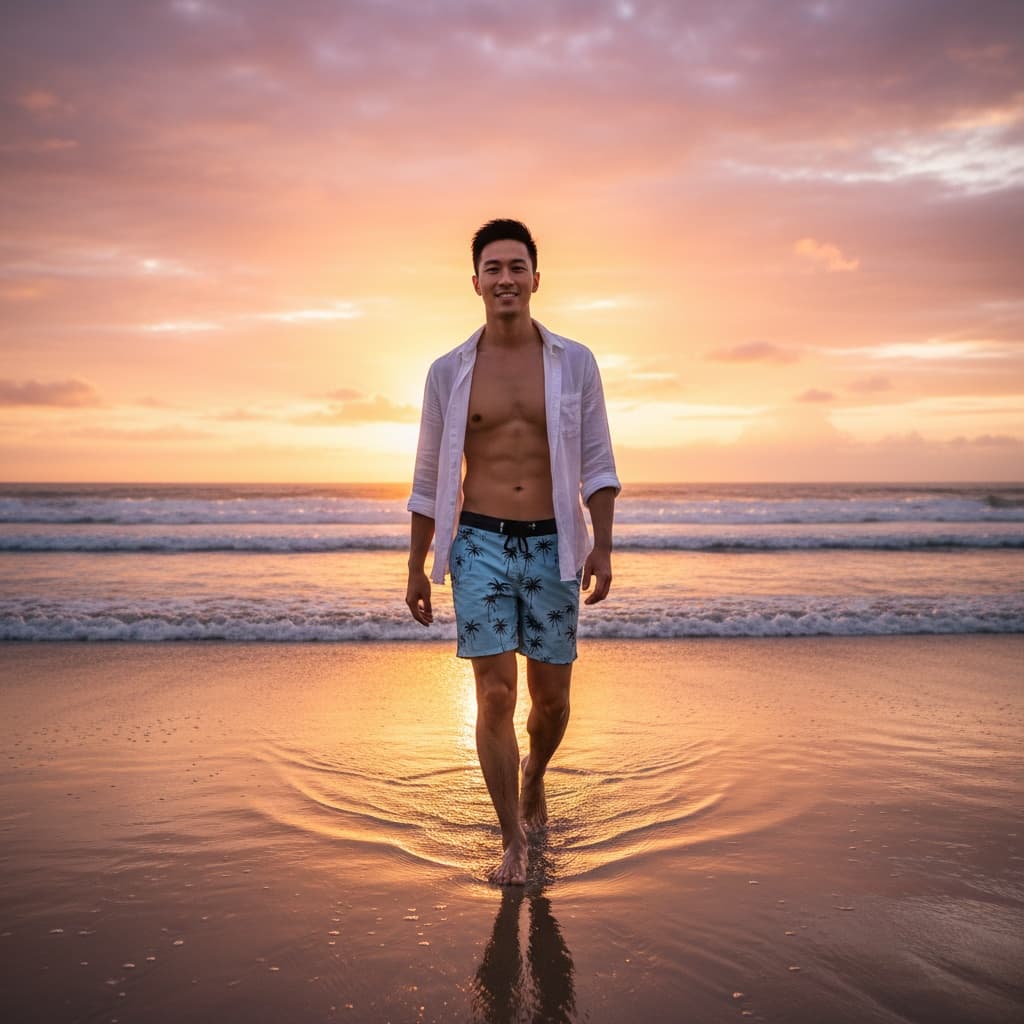 slim asian man beach sunset silhouette 95683822