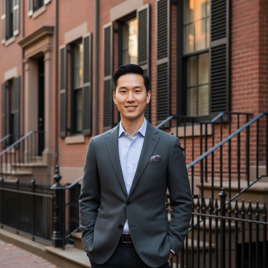 slim asian man beacon hill brownstone portrait 85380020