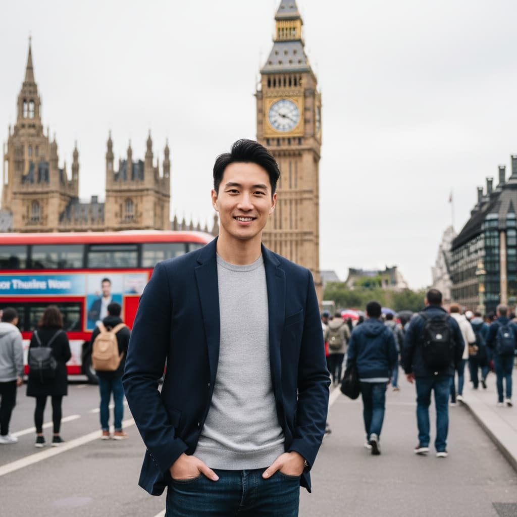 slim asian man big ben westminster portrait 83223306