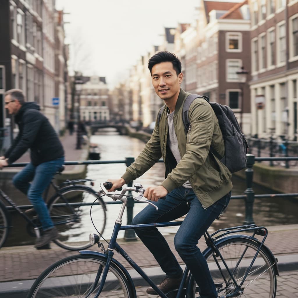 slim asian man biking through amsterdam 47282281