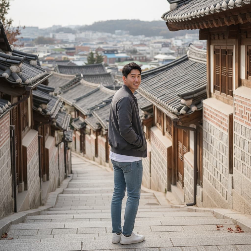 slim asian man bukchon hanok stairs portrait 29855480