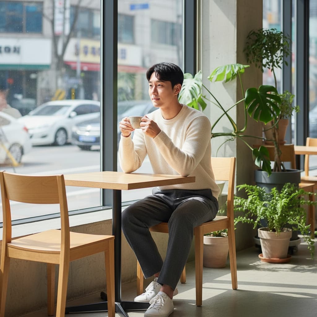 slim asian man cafe window korean aesthetic 39689599
