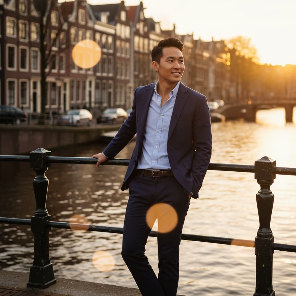 slim asian man canal sunset golden hour 74018040