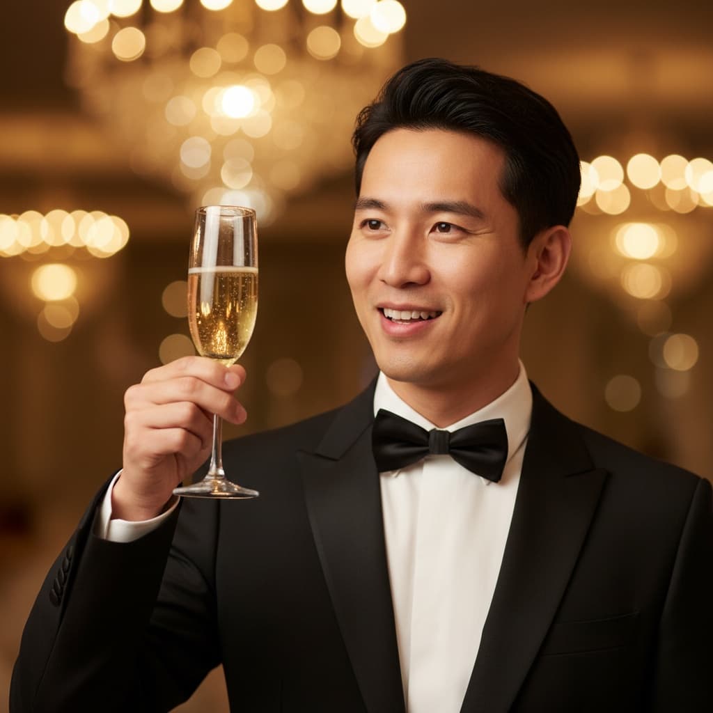 slim asian man champagne toast moment 85188871