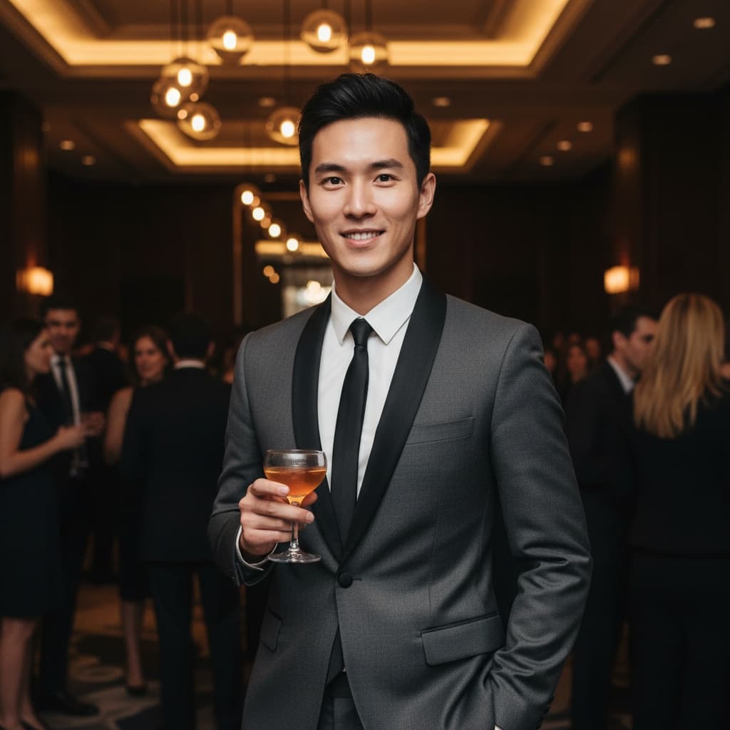slim asian man cocktail hour mingling 13467936