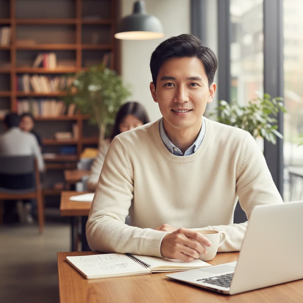 slim asian man coffee shop casual 12214097