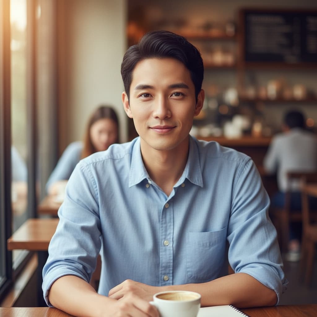 slim asian man coffee shop casual smile 30722736