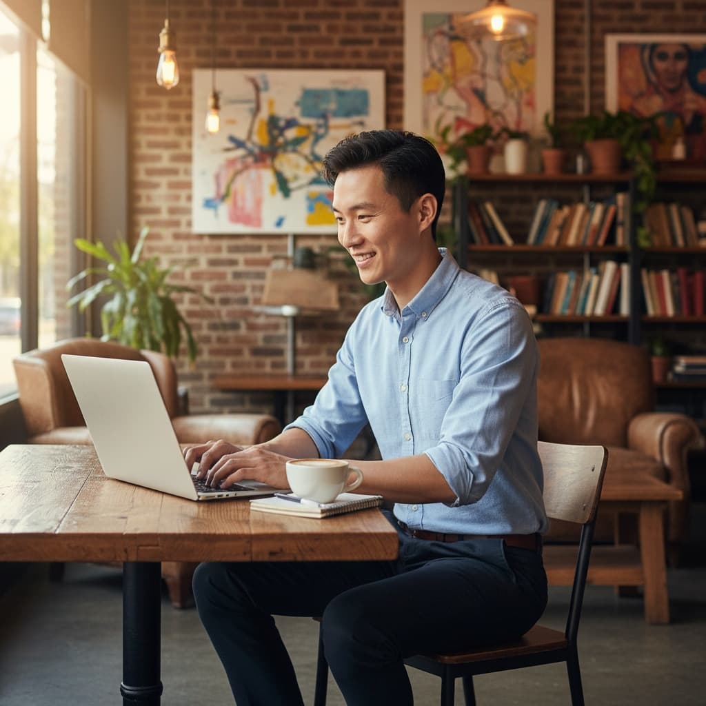 slim asian man coffee shop working 58460778