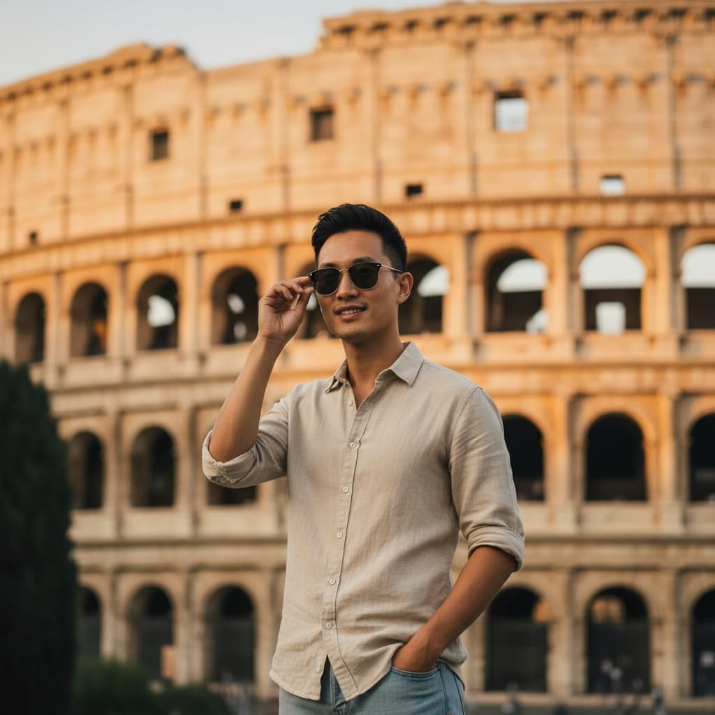 slim asian man colosseum golden hour portrait 10604785