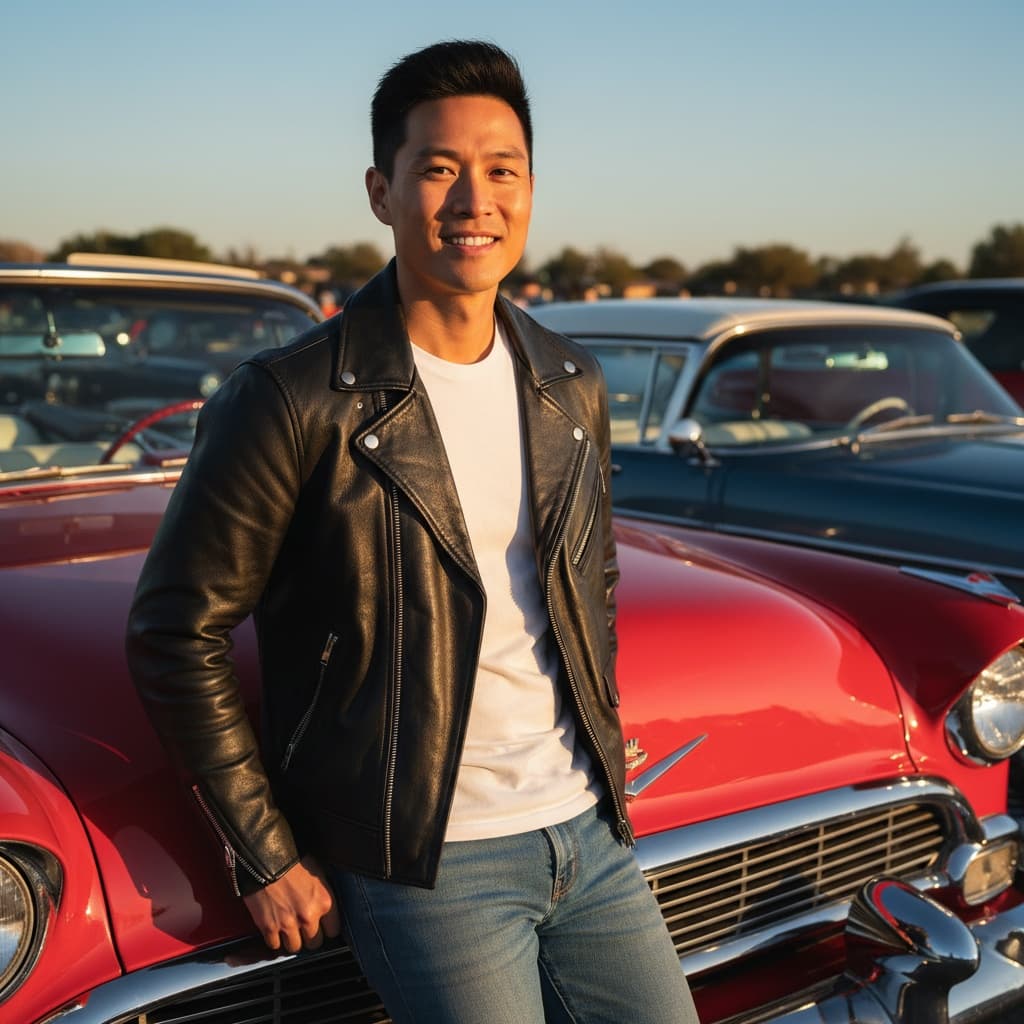 slim asian man convertible car portrait 23350110