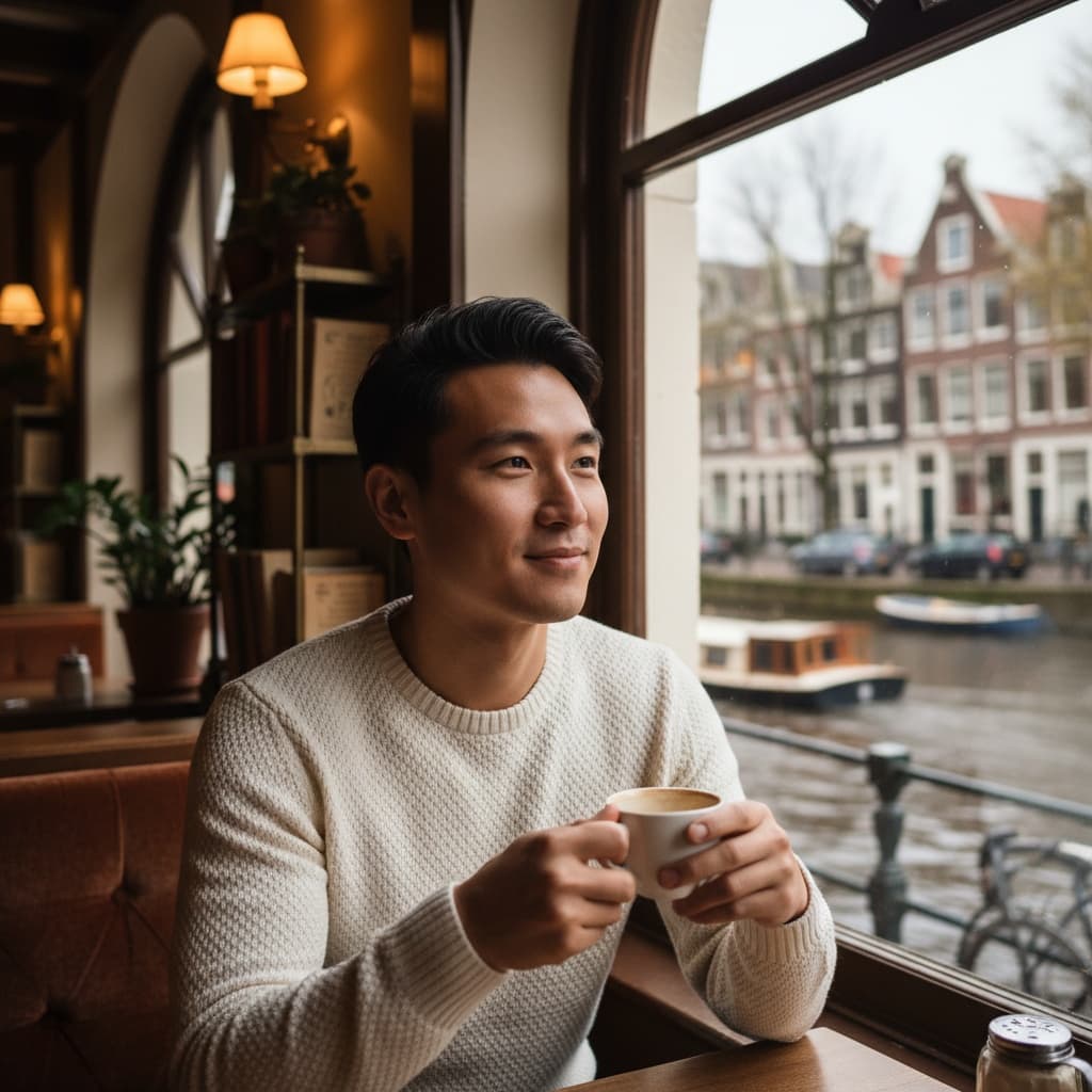 slim asian man cozy cafe window seat 41139237
