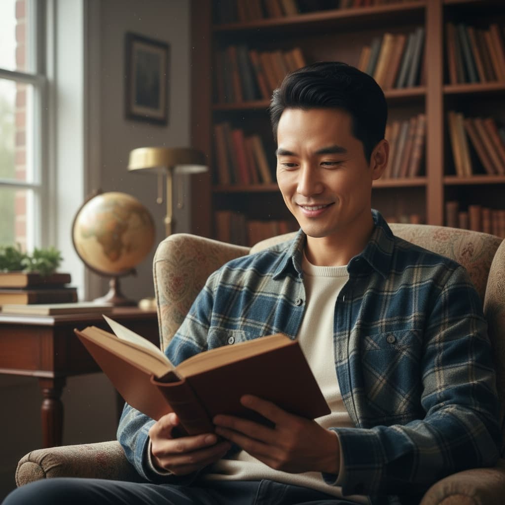 slim asian man cozy reading chair 55296728