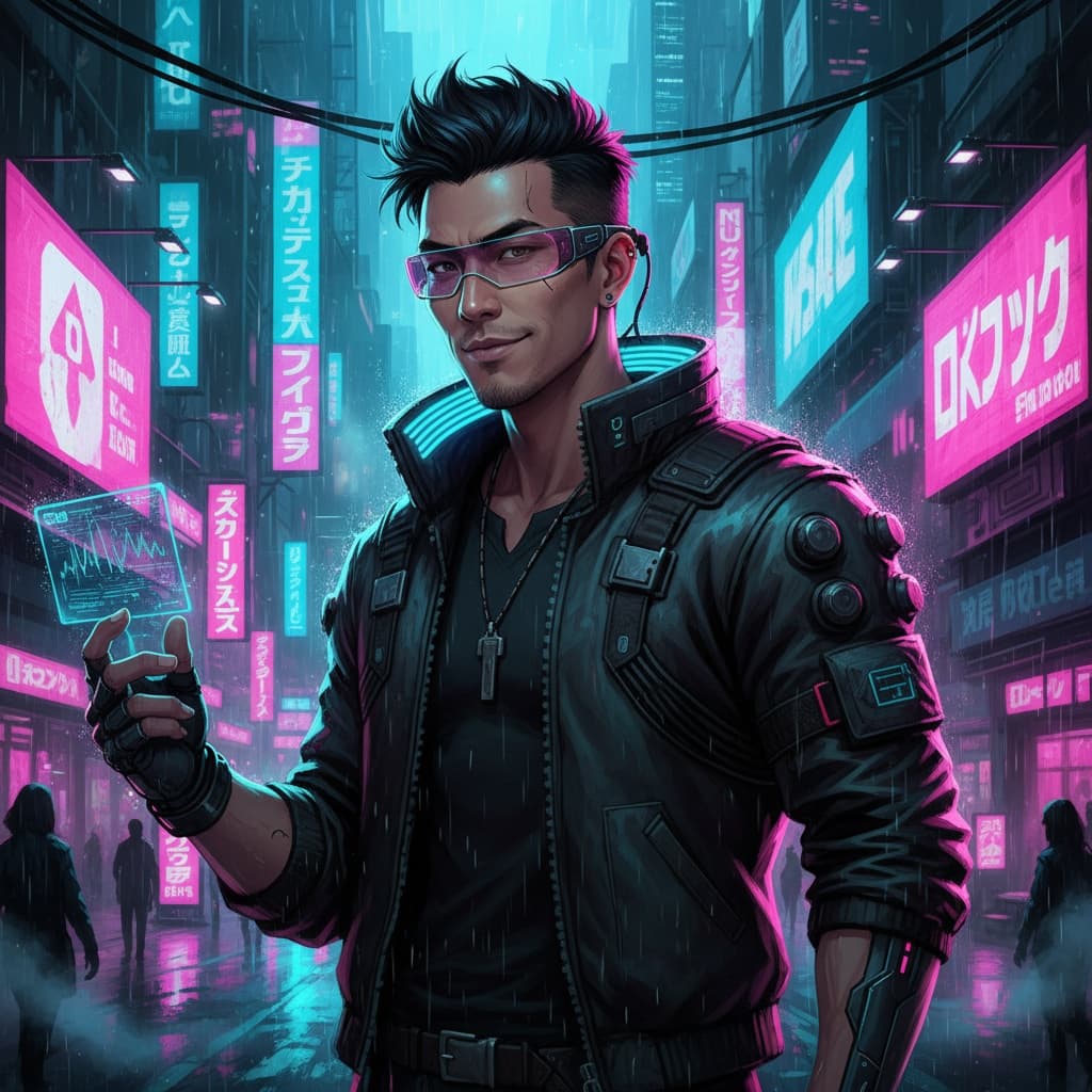 slim asian man cyberpunk neon city 77982085