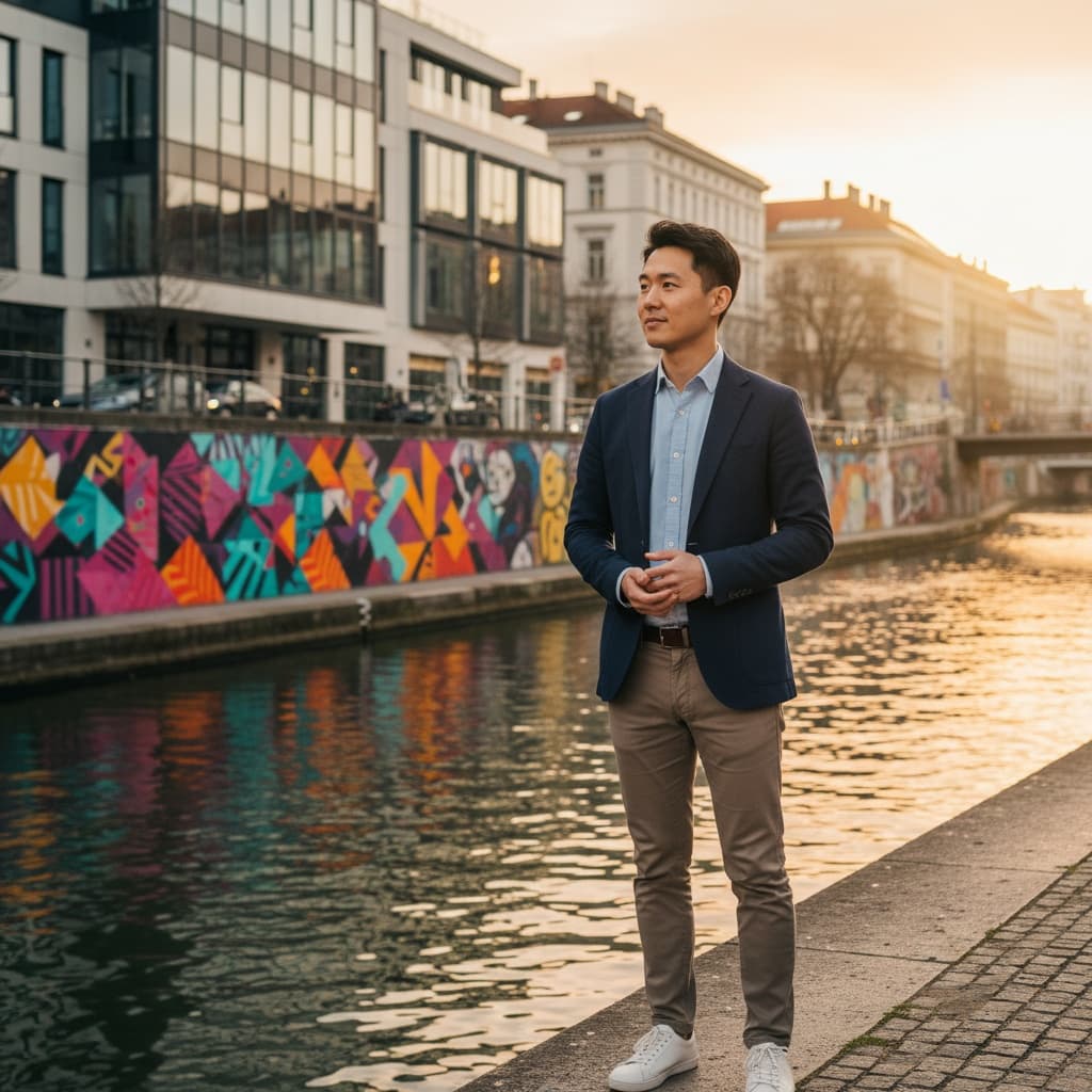 slim asian man danube canal sunset 99417879