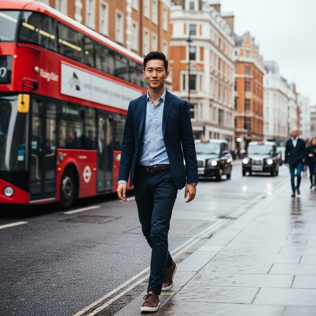 slim asian man double decker bus street 99722684