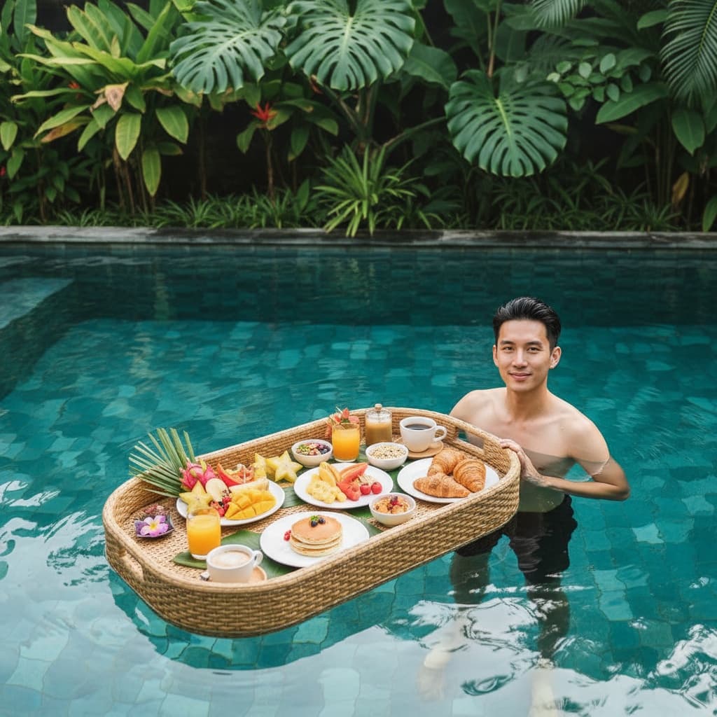 slim asian man floating breakfast luxury 33827993