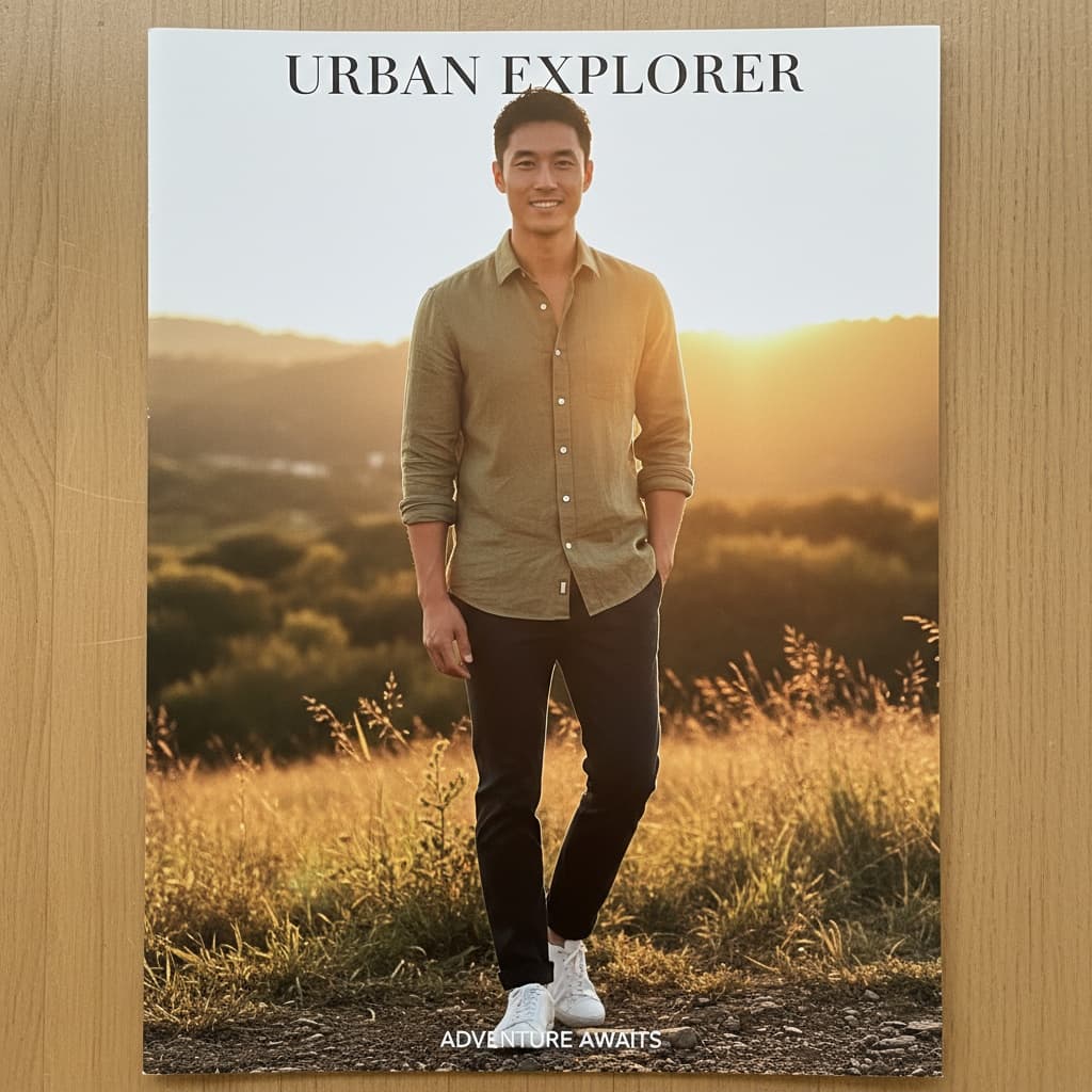 slim asian man golden hour outdoor editorial 76946151