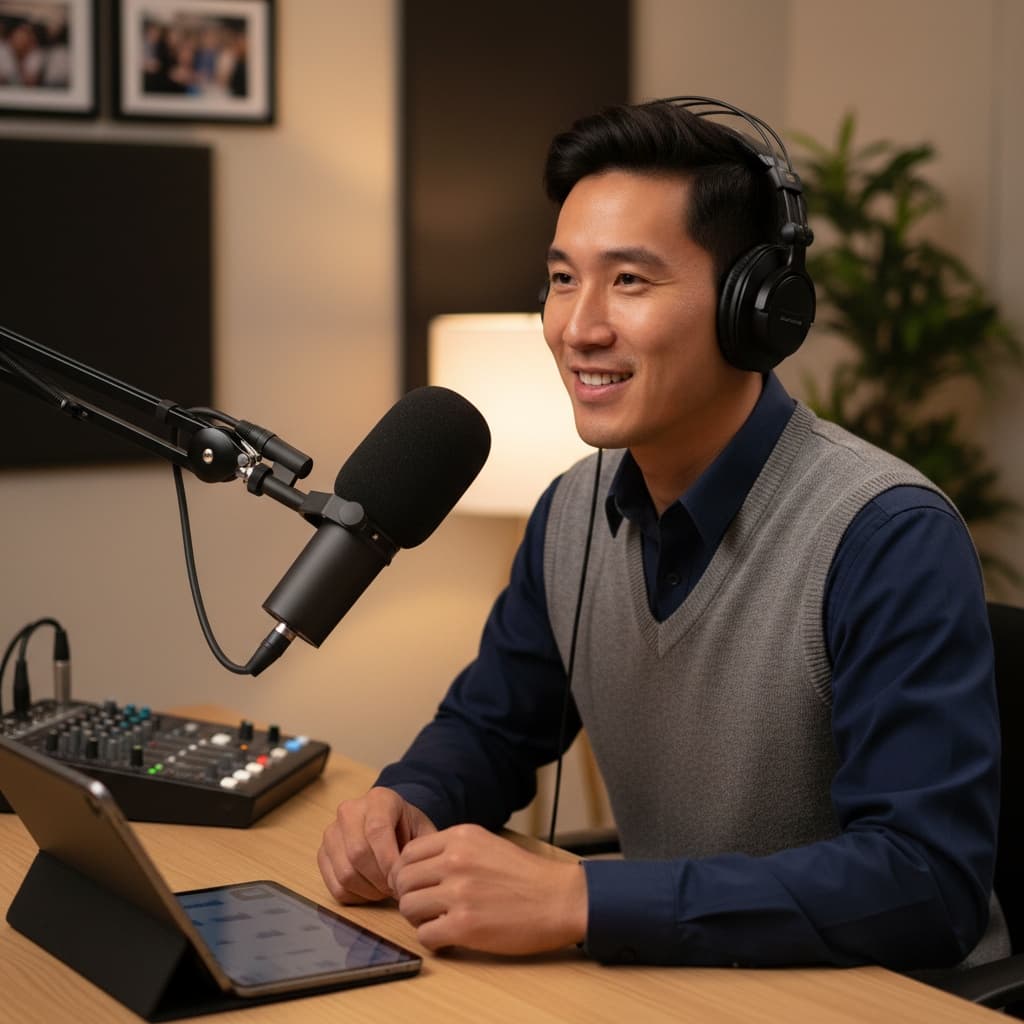 slim asian man headphones on recording 94515389