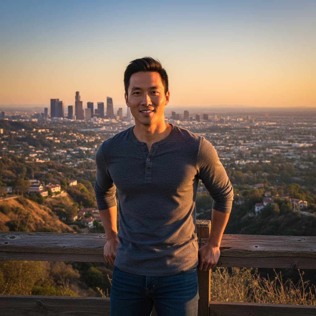 slim asian man hollywood hills overlook sunset 11944243