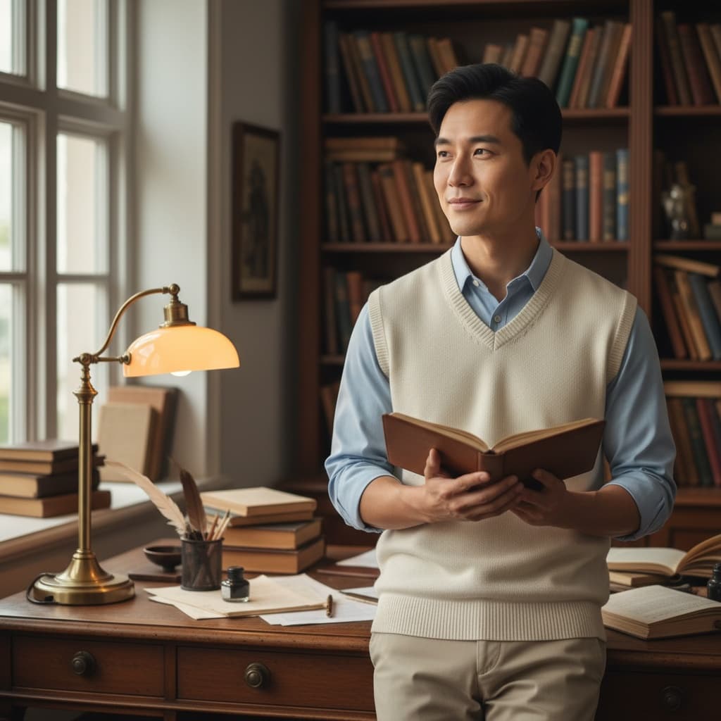 slim asian man home office bookshelves 28652004