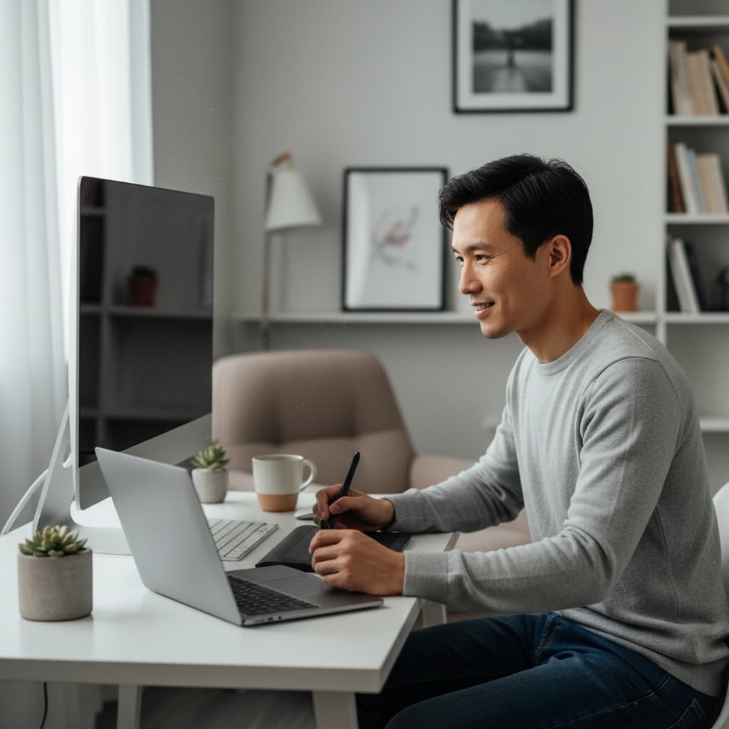slim asian man home workspace creative lifestyle 34862166