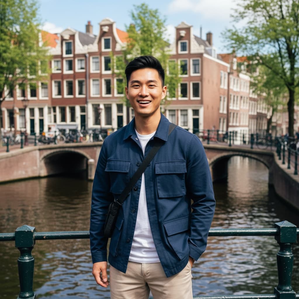 slim asian man iconic i amsterdam sign 77564724