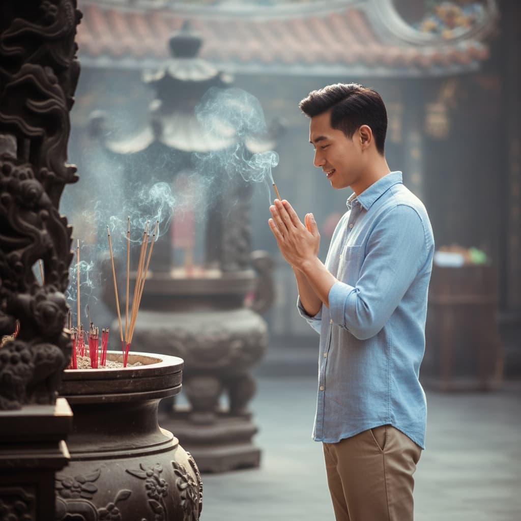 slim asian man incense smoke offering 31694913
