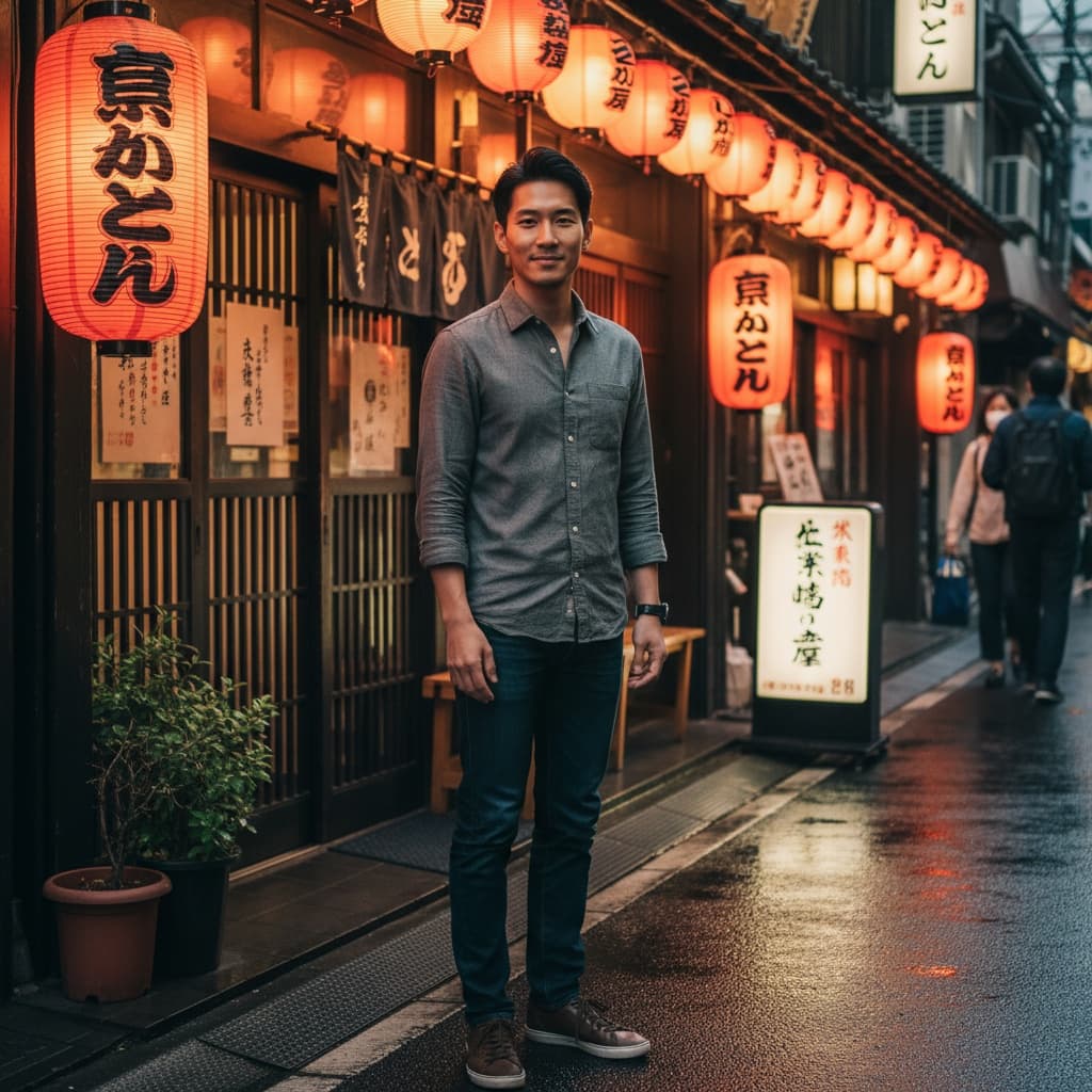 slim asian man izakaya entrance lanterns 91172357